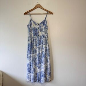 HM Blue White Toile de Jouy Safari Linen Blend Button Front Midi Dress Womens 6